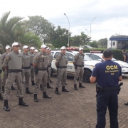 Efetivos de forças de segurança em São Leopoldo participam da Operação Integrada Metropolitana. Na foto, viaturas e soldados em fila.