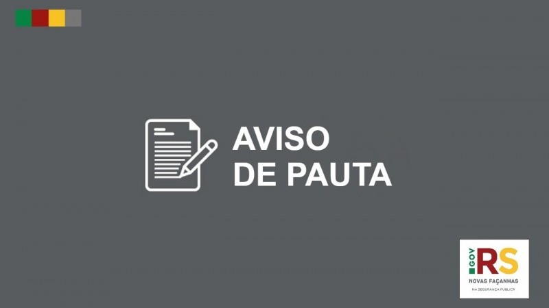 Imagem com o fundo cinza, com escrita em branco escrito "aviso de pauta" com três pontos com as cores da bandeira do estado do Rio Grande do Sul