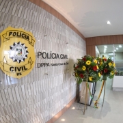 Entrada da nova DPPA de Santa Cruz do Sul, com brasão da Polícia Civil e letreiro com o nome da delegacia afixado em parede marrom de tijolos à vista. Flores decoram a entrada.