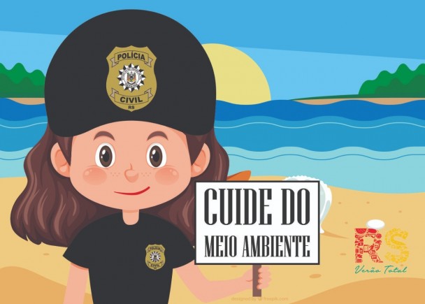 Desenho de uma menina vestindo boné e camiseta com brasão da Polícia Civil segurando cartaz onde se lê: cuide do meio ambiente. Ao fundo, mar e o sol no horizonte.