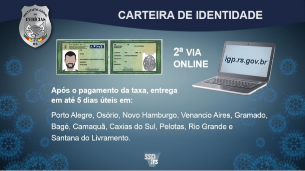 Card com imagens de carteira de identidade, ao lado a imagem de um computador com o site do IGP. O card apresenta os municípios que é possível fazer a entrega do documento.