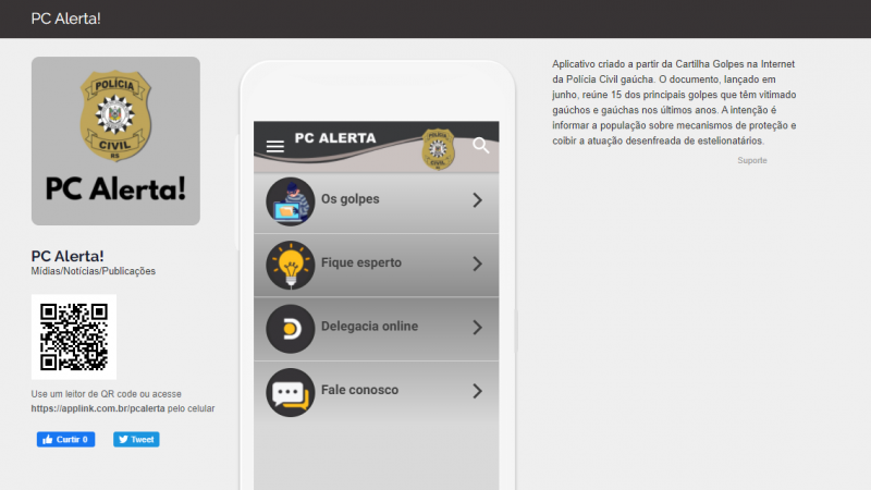 Página da versão web do aplicativo da Polícia Civil chamado PC Alerta