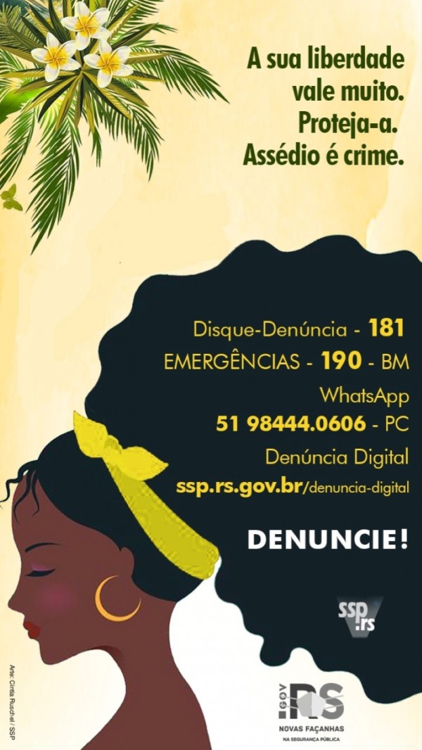 Card com números para denúncia de casos de violência contra a mulher. Desenho de uma mulher negra com cabelo comprido e os números estão aplicados sobre ele.