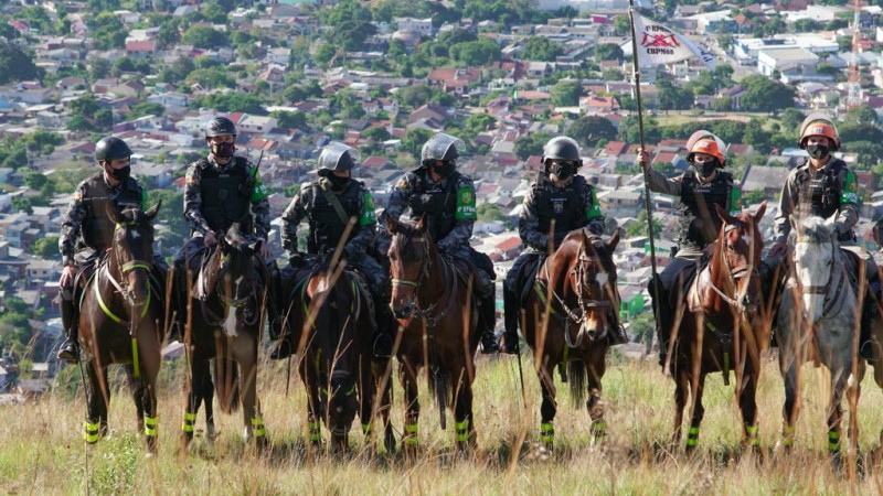 Cinco brigadianos montados a cavalo parados um ao lado do outro, em um terreno. Ao fundo muitas casas