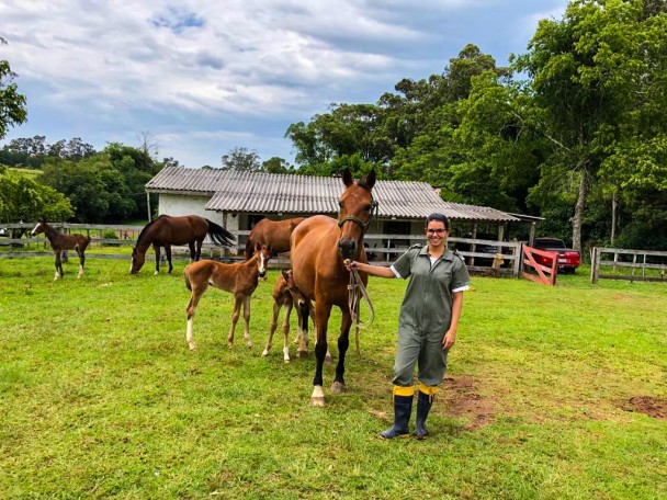 Medica veterinária parada ao lado de um cavalo no Haras