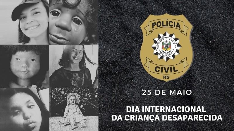 Card do dia internacional da criança desaparecida. Fundo preto com foto de crianças desaparecidas, e o logo da PC ao lado