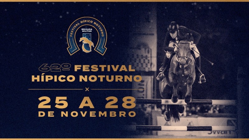 Card azul escuro com o título 62º Festival Hípico Noturno, 25 a 28 de novembro. Ao lado, foto de uma amazona montada sobre um cavalo que salta sobre um obstáculo.