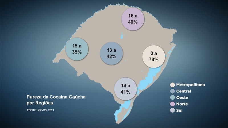 Mapa RS e marcação da pureza da cocaína conforme as amostras analisadas em cinco macrorregiões