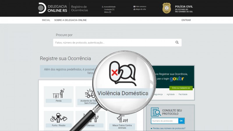 Capa do site da delegacia online com uma lupa sobre a tela, que destaca o novo ícone para registro de ocorrências de violência doméstica.