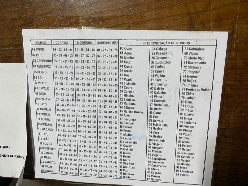 Foto mostra texto com números do jogo do bicho
