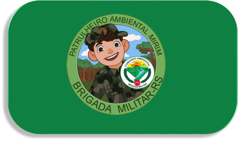 #ParaTodosVerem: Imagem do logo do Projeto Patrulheiro Ambiental Mirim. Na parte central da imagem há um desenho de um patrulheiro e ao redor dele está escrito: "Patrulheiro Ambiental Mirim. Brigada Militar-RS". Fim da descrição.Projeto 