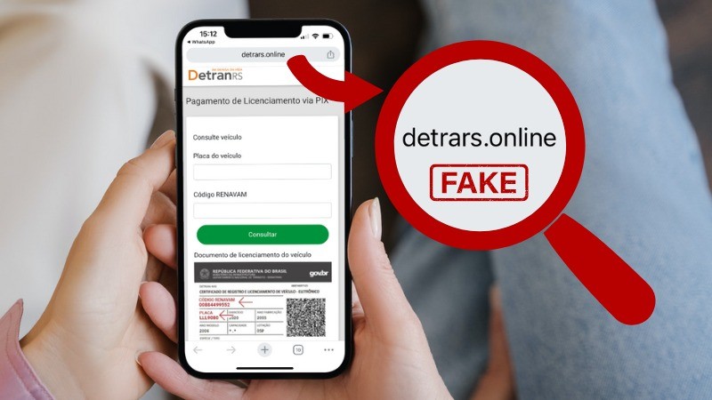 Foto horizontal colorida mostra mãos de mulher segurando um celular com a tela de um site fake usando logotipo do DetranRS. Ilustração de uma lupa em vermelho aponta o endereço falso