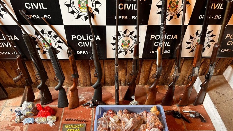 A foto mostra armas e carne congelada apreendida