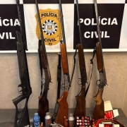 A imagem traz cinco armas longas, munições e outros suprimentos apreendidos
