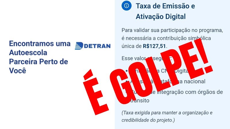 Reprodução de e-mail falso com o assunto "Encontramos uma Autoescola Parceira Perto de Você" e texto solicitando pagamento de contribuição simbólica para participação no programa. Sobreposta a essa imagem, em letras maiúsculas e vermelhas, a frase "É golpe!"