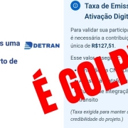 Reprodução de e-mail falso com o assunto "Encontramos uma Autoescola Parceira Perto de Você" e texto solicitando pagamento de contribuição simbólica para participação no programa. Sobreposta a essa imagem, em letras maiúsculas e vermelhas, a frase "É golpe!"