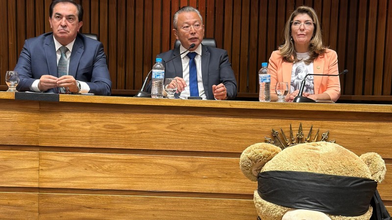 A foto mostra o secretário adjunto Mário Ikeda, no momento de sua fala no seminário