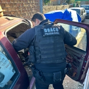 A imagem mostra um agente do Draco da Polícia Civil vistoriando um veículo em um dos desmanches vistoriados pela operação