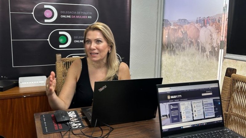 A delegada titular da DOL, Viviane Francisco Pinto, &eacute; fotografada gesticulando, dois laptop abertos e folhetos sobre a mesa