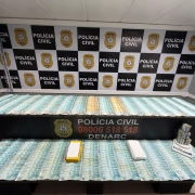 A imagem mostra, sobre uma mesa, grande quantidade de notas de 100 reais empilhadas e organizadas em ma&ccedil;os. Tamb&eacute;m aparecem pacotes retangulares embrulhados em material branco, al&eacute;m de uma balan&ccedil;a digital com mais dinheiro em cima. No fundo, a parede tem o padr&atilde;o quadriculado preto e branco com o logotipo e o texto &ldquo;POL&Iacute;CIA CIVIL&rdquo;, acompanhado do bras&atilde;o dourado da corpora&ccedil;&atilde;o. Na frente da mesa, h&aacute; uma faixa com os dizeres &ldquo;POL&Iacute;CIA CIVIL 08000 518 518 DENARC&rdquo;, indicando que se trata de uma opera&ccedil;&atilde;o do departamento de narc&oacute;ticos. Essa composi&ccedil;&atilde;o sugere que a foto foi tirada em uma delegacia, como registro oficial de uma apreens&atilde;o de dinheiro e poss&iacute;veis materiais relacionados a investiga&ccedil;&atilde;o.