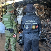 A imagem mostra dois servidores das for&ccedil;as de seguran&ccedil;a do Estado durante a opera&ccedil;&atilde;o Desmanche
